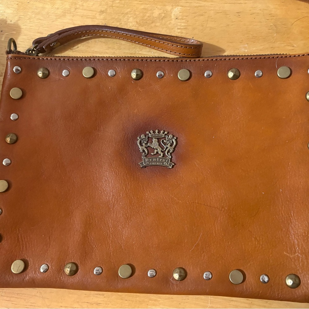 Brown Leather wristlet Bag with Stud Accents